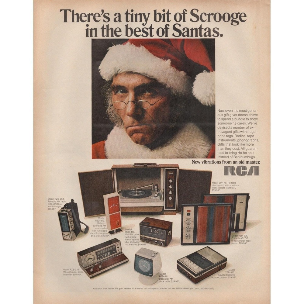 RCA Christmas Scrooge Santa Electronics Holiday Gift Vintage Print Ad 1970